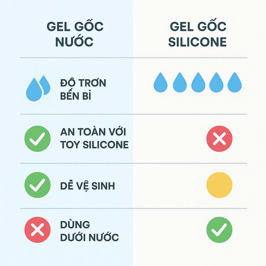 Infographic so sánh chi tiết các ưu và nhược điểm của gel bôi trơn hậu môn gốc nước và gốc silicone.